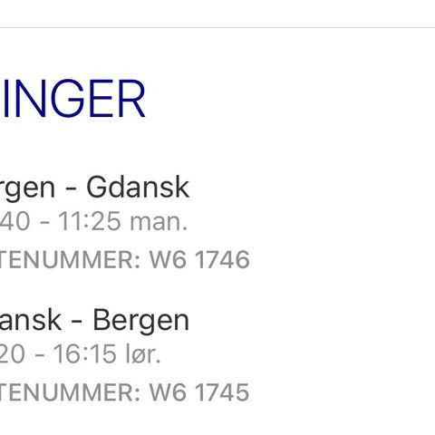 Flybilletter tur /retur Bergen- Gdansk pris oppgitt pr billett.