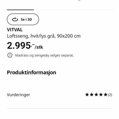 Ny pris!!!   Køy seng fra IKEA selges. Brukt 11.mnd