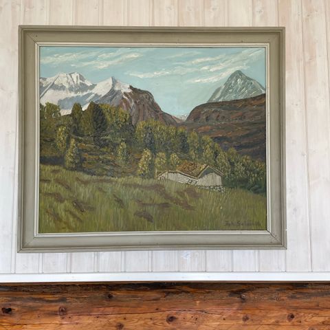 Maleri av fjell, skog og seter