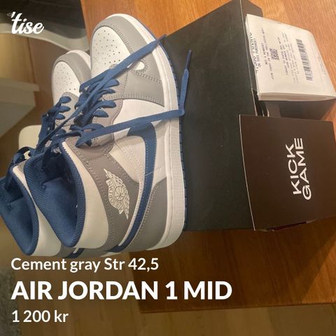 Jordan 1 sko Cement Gray, 42,5 i skostørrelse.