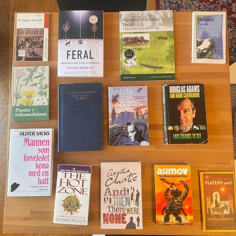 Various books in English, Norwegian and French.