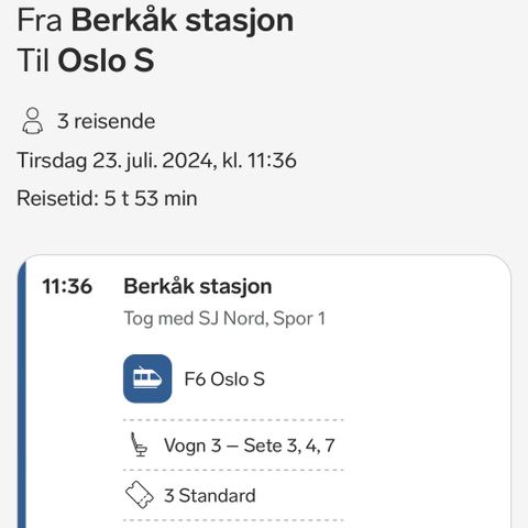 Togbilletter Berkåk - Oslo S, tirsdag 23/7-24