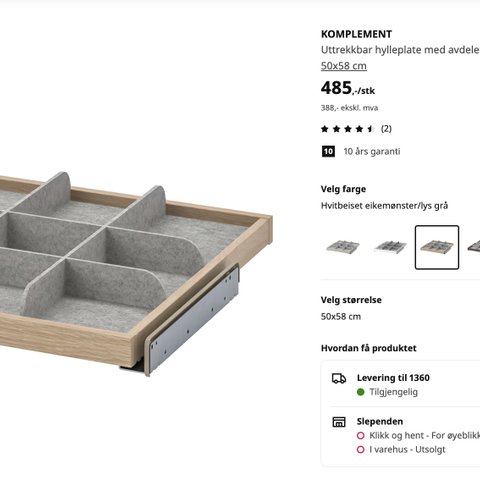 Ikea uttrekkbare hylle med innredning/innsats - Komplement Nypris 650 kr!