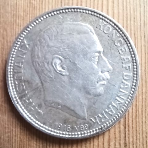Sølv mynt 2 Kroner 1916 Danmark Christian X