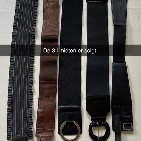 Ulike belter i skinn, strikk og ikke skinn fra 50-100 kr passer str36-40