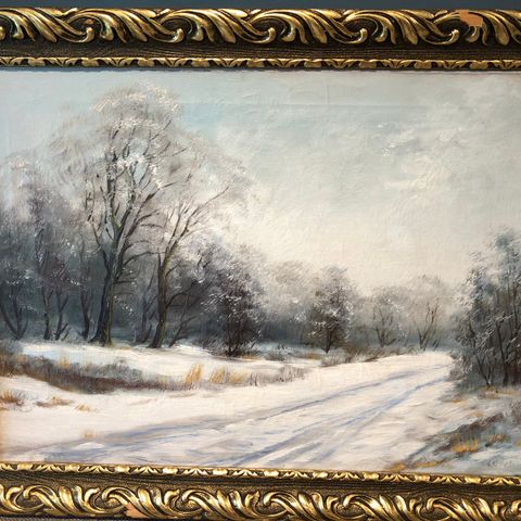Maleri av snødekt vei