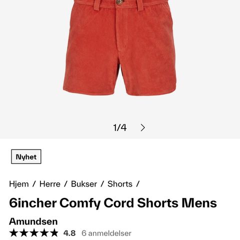 Amundsen 6 Incher comfy cord shorts men str S. Helt ny og ubrukt