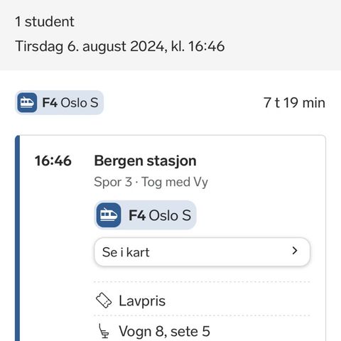 Togbillett Bergen-Oslo S 6. august