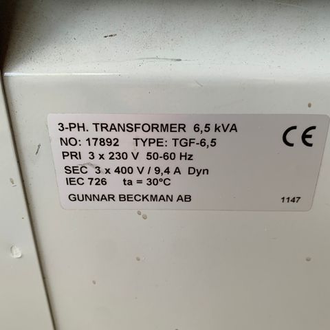 Gunnar Beckman transformator selges. 3x230 til 3x400v 6,5 kVA.