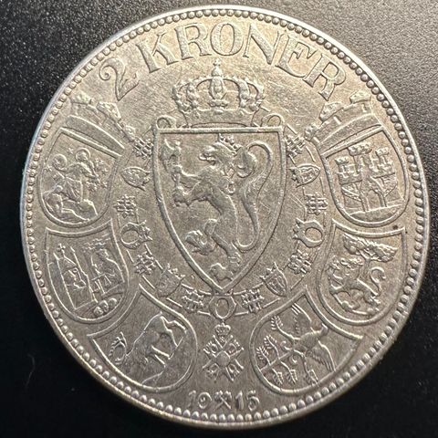 2 kr 1915, meget pen sølvmynt (3123 AP)