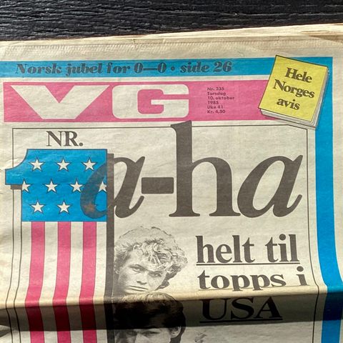 VG avis 10. oktober 1985 — NR. 1 a-ha helt til topps i USA