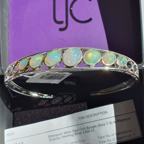 Ethiopian Welo Opal 4.5ct Platinum Plated Sølv 925 Silver Bangle Armbånd 19cm