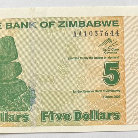 ZIMBABWE. 5 DOLLAR.  2009. P-93.  UNC