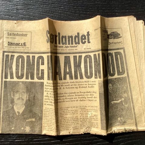 Sørlandet avis 21. september 1957: Kong Haakon Død