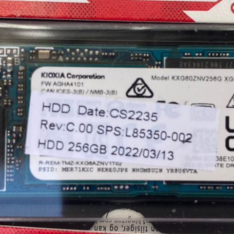 256gb Kioxia NVME harddisk for stasjonær eller bærbar selges