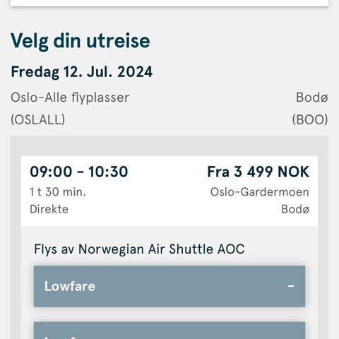2 Flybilletter Oslo-Bodø 12.07 selges