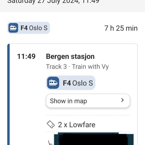2 togbilletter/traintickets: Bergen - Oslo, 27.07.