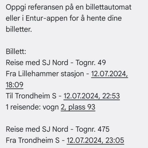 Tog billett 12.07.2024 til Trondheim fra Lillehammer Vide med nattog til Fauske