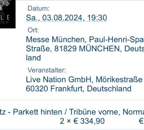 Adele- 3. august 2024 München, konsertbilletter 2 stk