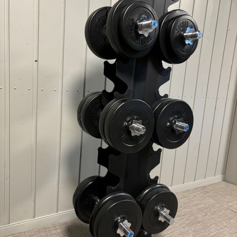 Dumbell stativ og vekter selges samlet.