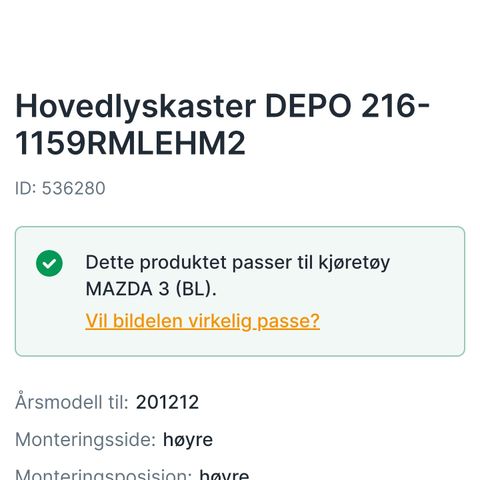 Hovedlykt Mazda 3 2010 mod,xenon,vanlig