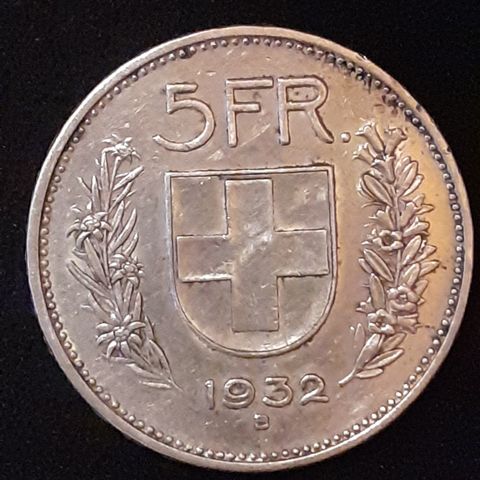 5 FRANC 1932 SVEITS ** STOR FIN SØLVMYNT **