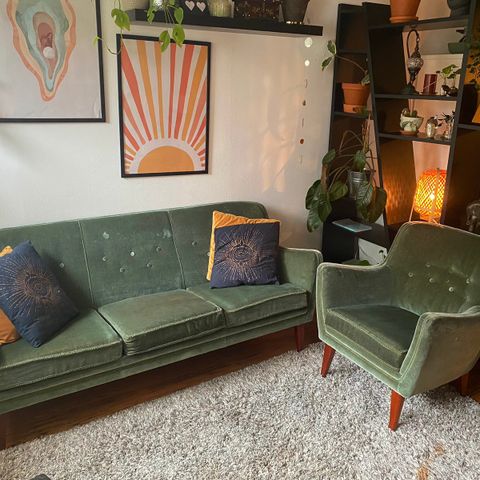 Retro Vintage grønn velur sofa og stol