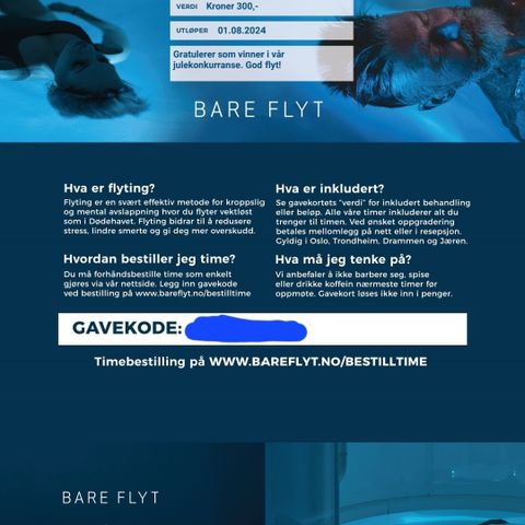 Gavekort til flytetank/ bare flyt