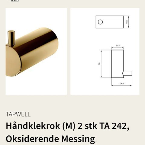 Tapwell håndklekrok i messing