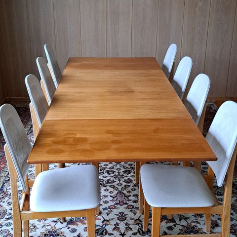 Retro teak spisesalong med 8 stoler selges