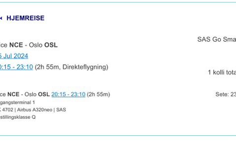 Flybillett Nice - Oslo mandag 15. juli med SAS