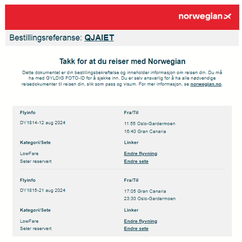 Flybillett fra Oslo til Gran Canaria for 2 voksne og 1 barn: 12.08-21.08