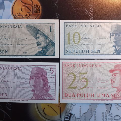 4 UNC SEDLER FRA INDONESIA ** 1/5/10/25 SEN * 1964 **