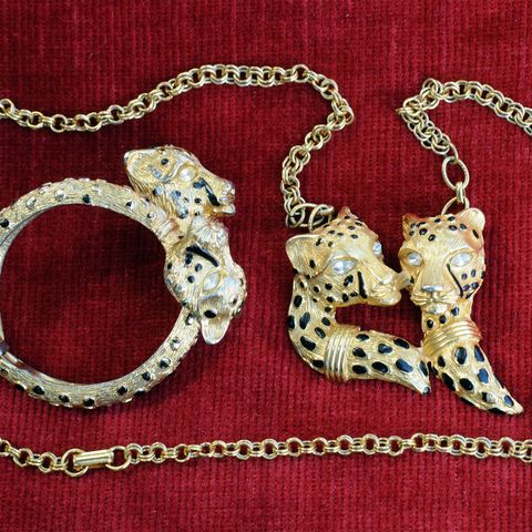 Vintage statement smykkesett - Dobbel leopardhode armbånd og halskjede