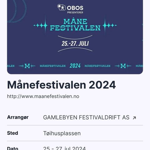 Månefestivalen billetter 3-dagers pass, 2stk voksen