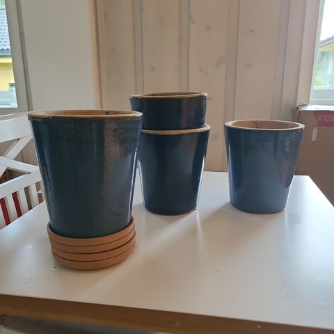Blå ute potter med skål
