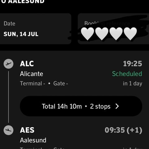 2 flybilletter 14. juli Alicante- Ålesund (via Bergen og Oslo)