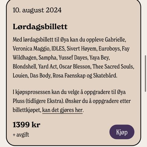 1x Lørdagsbillett til Øyafestivalen