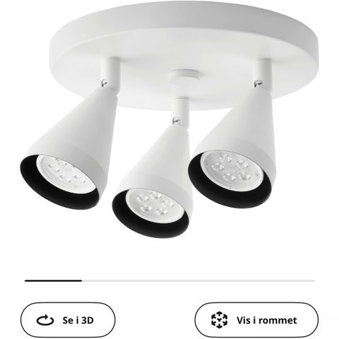 Ikea Takspotlight med 3 spotter, hvit + ledning