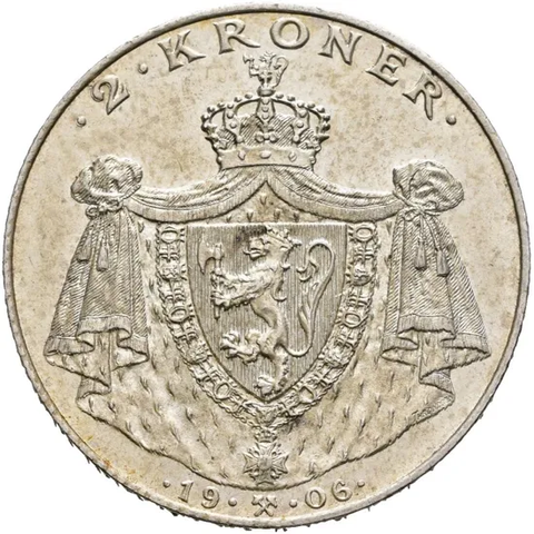 2 kr sølv, 1906, høy kvalitet, ny pris