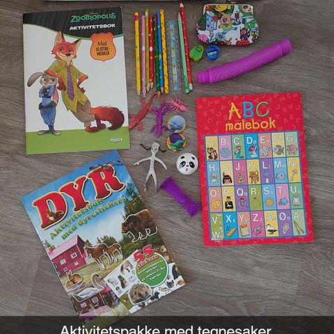 Aktivitetspakke med tegnesaker, aktivitetsbøker, fidget toys mm