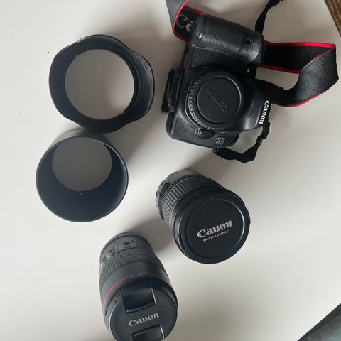 2 canon objektiv, kamera og tripod selges