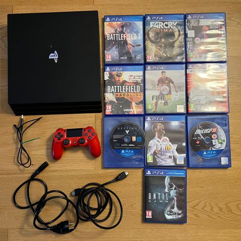 PS4 Pro + 1 håndkontroll + 10 spill