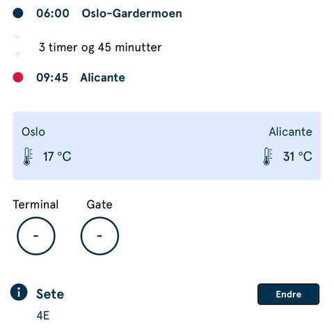 2 stk flybilletter Oslo - Alicante 19 juli kl. 0600