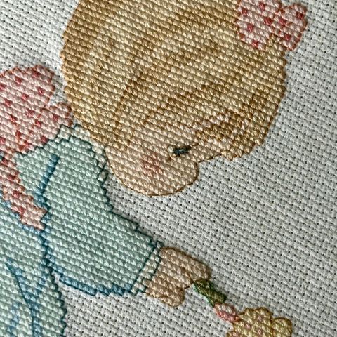 Vintage Broderi «Precious moments” i glass og ramme 24x29