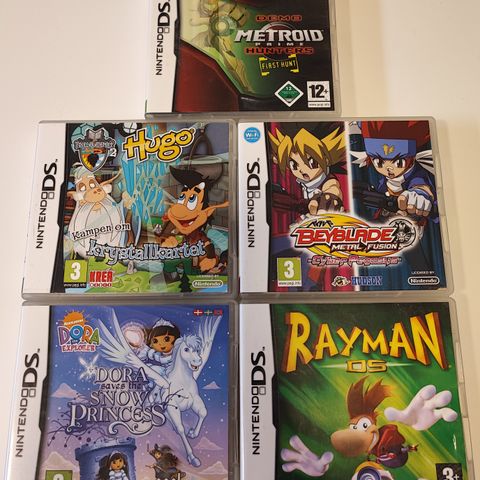 5 Nintendo DS spill CIB samlet Rayman Hugo Dora Metroid Prime