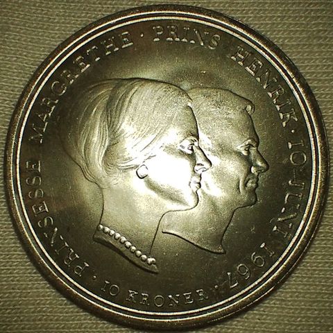 Danmark 10 kroner 1967 .800 sølv Margrethes bryllup