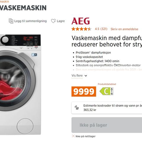 AEG 7000 SERIES LANG FRONTMATET 9 KG 1400 O/MIN