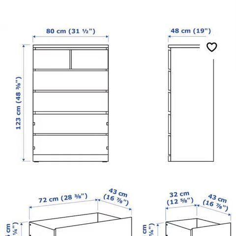 3 stk hvite 6 skuffers Malmkommoder
