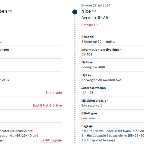 To voksenbilletter tur/retur med Norwegian Oslo-Nice 21-29.juli